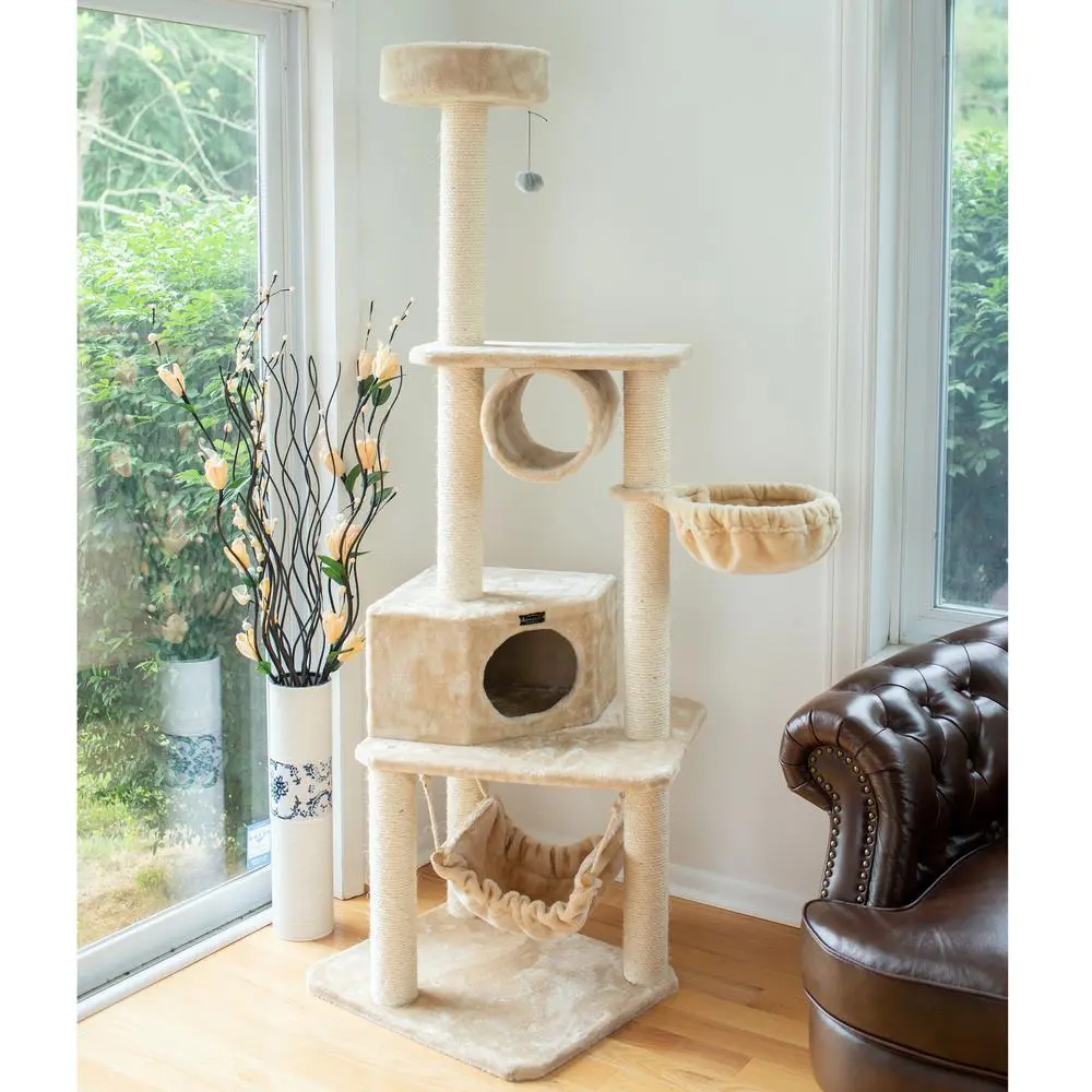 72" Real Wood Cat Tower With Lounge Basket - Beige - Image 9