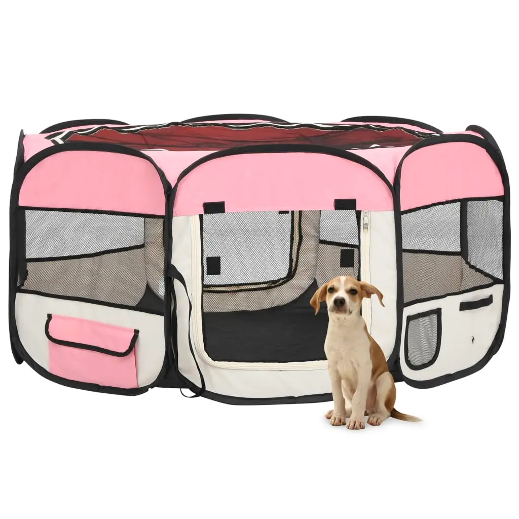 vidaXL Foldable Dog or Cat Large Playpen with Carrying Bag - Pink
