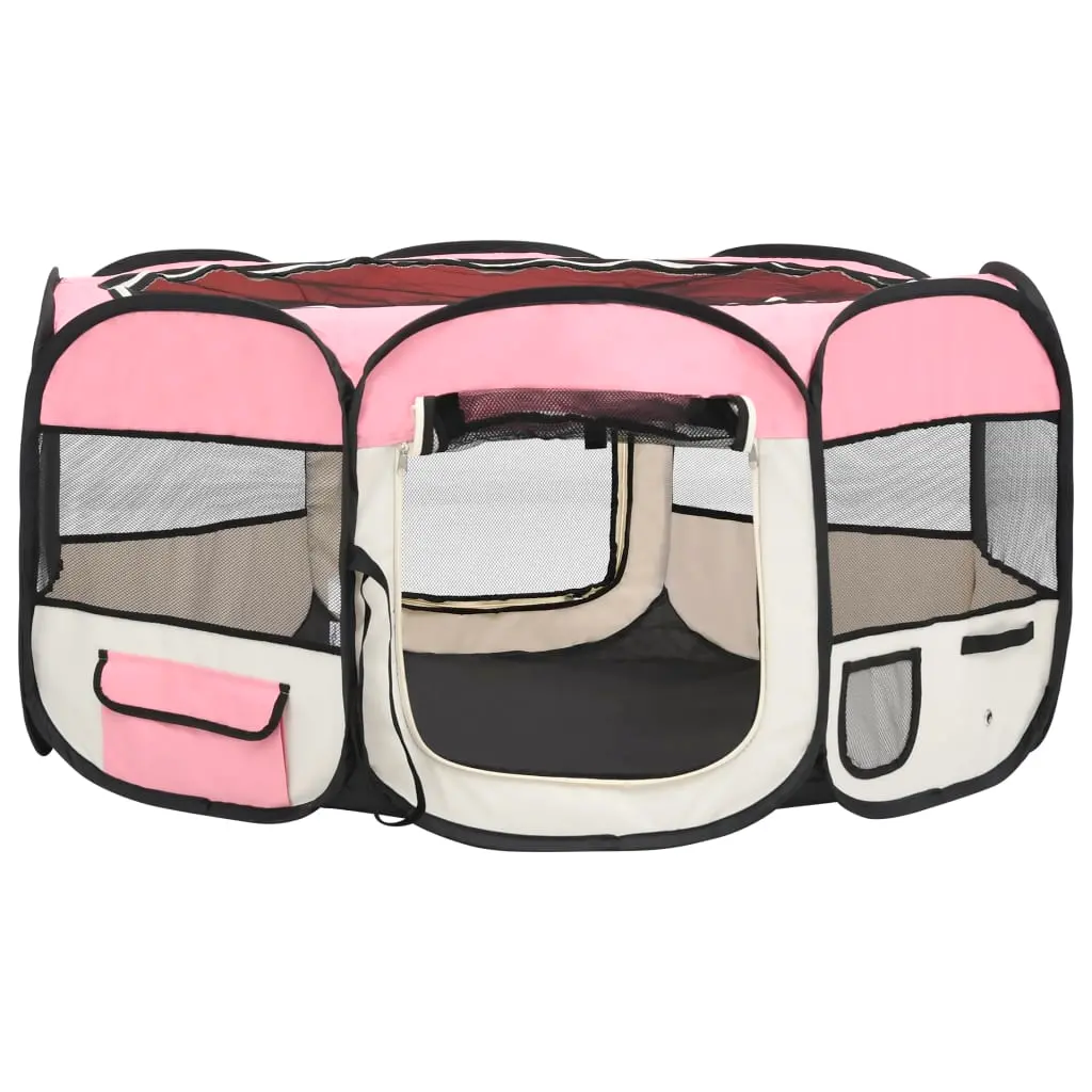 vidaXL Foldable Dog or Cat Large Playpen with Carrying Bag - Pink - Image 3