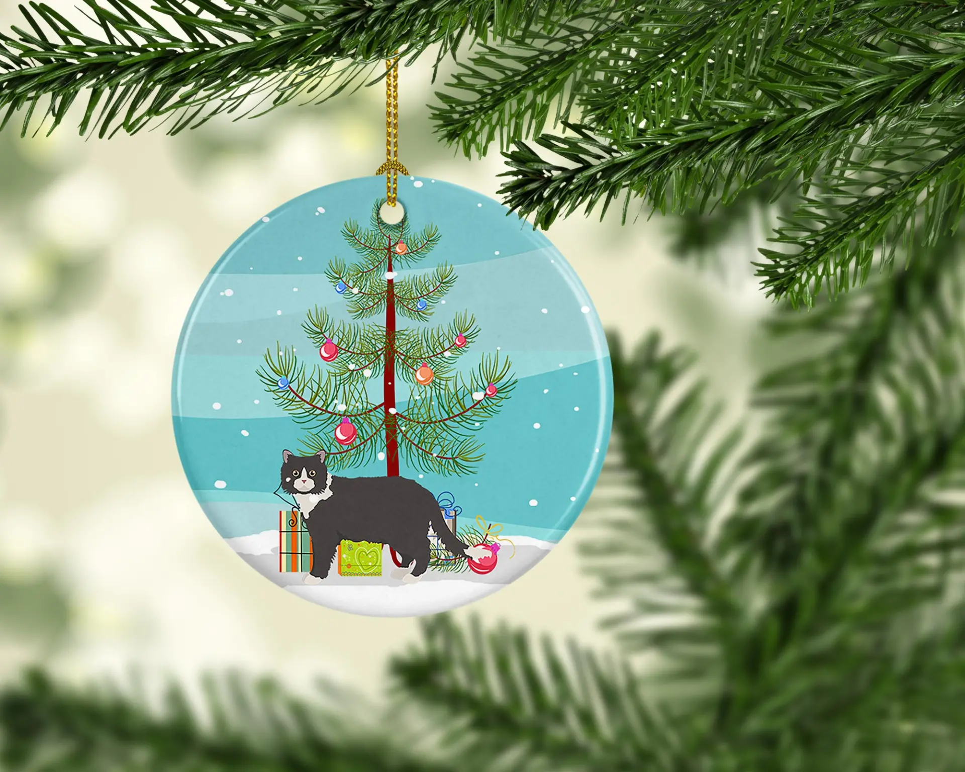 Poodle Cat Christmas Ceramic Ornament - Tuxedo - Image 2