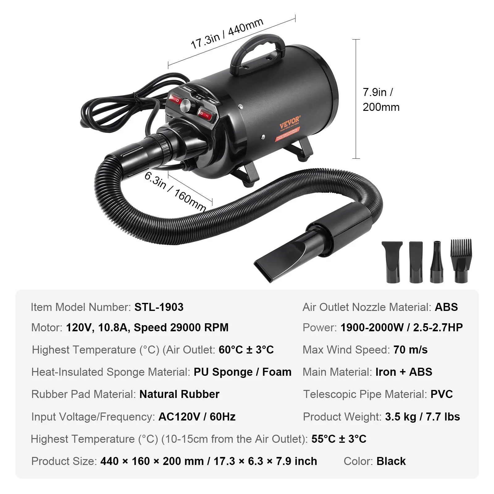 VEVOR Dog Dryer, 2800W/4.3HP Pet Grooming Dryer (Black) - Image 6