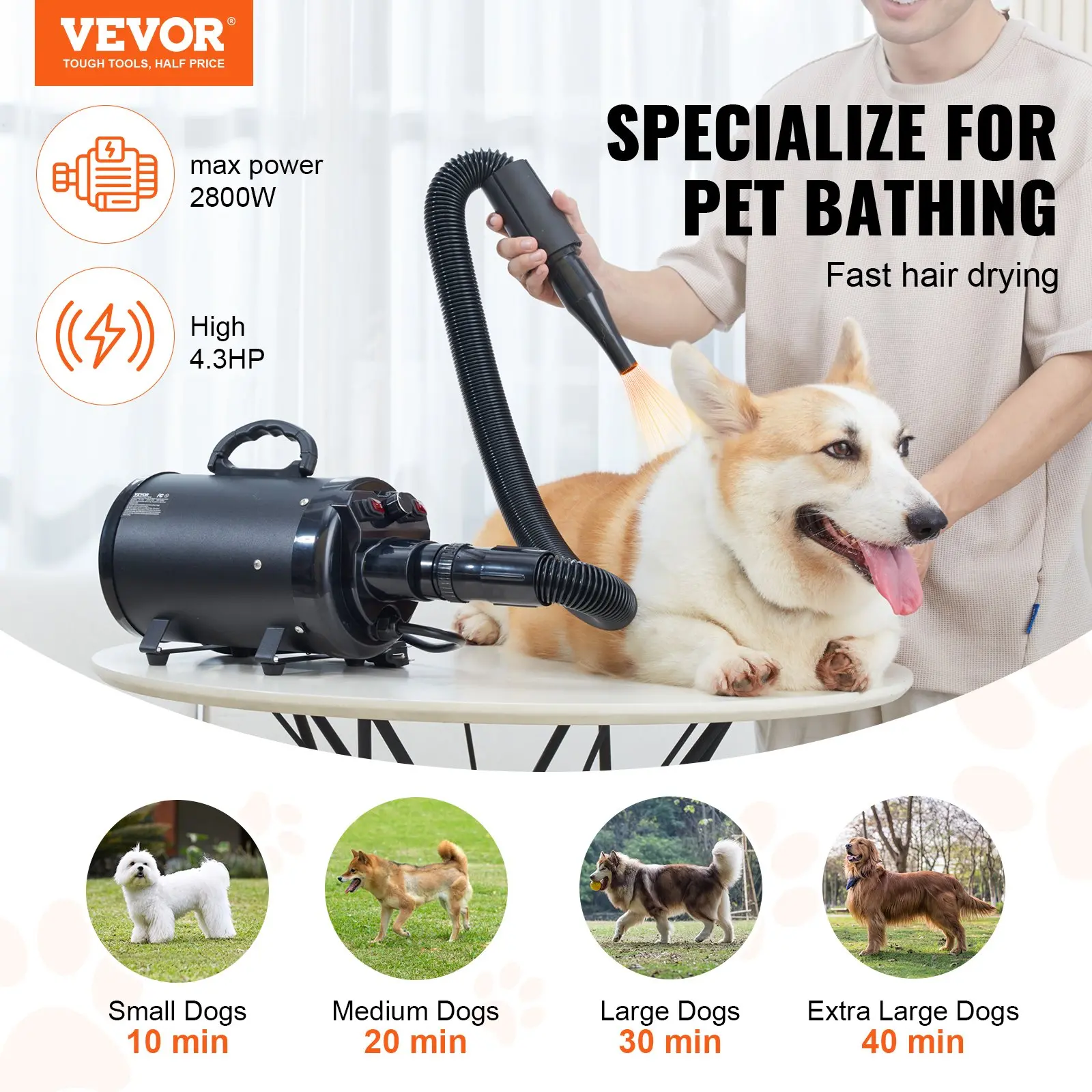 VEVOR Dog Dryer, 2800W/4.3HP Pet Grooming Dryer (Black) - Image 11