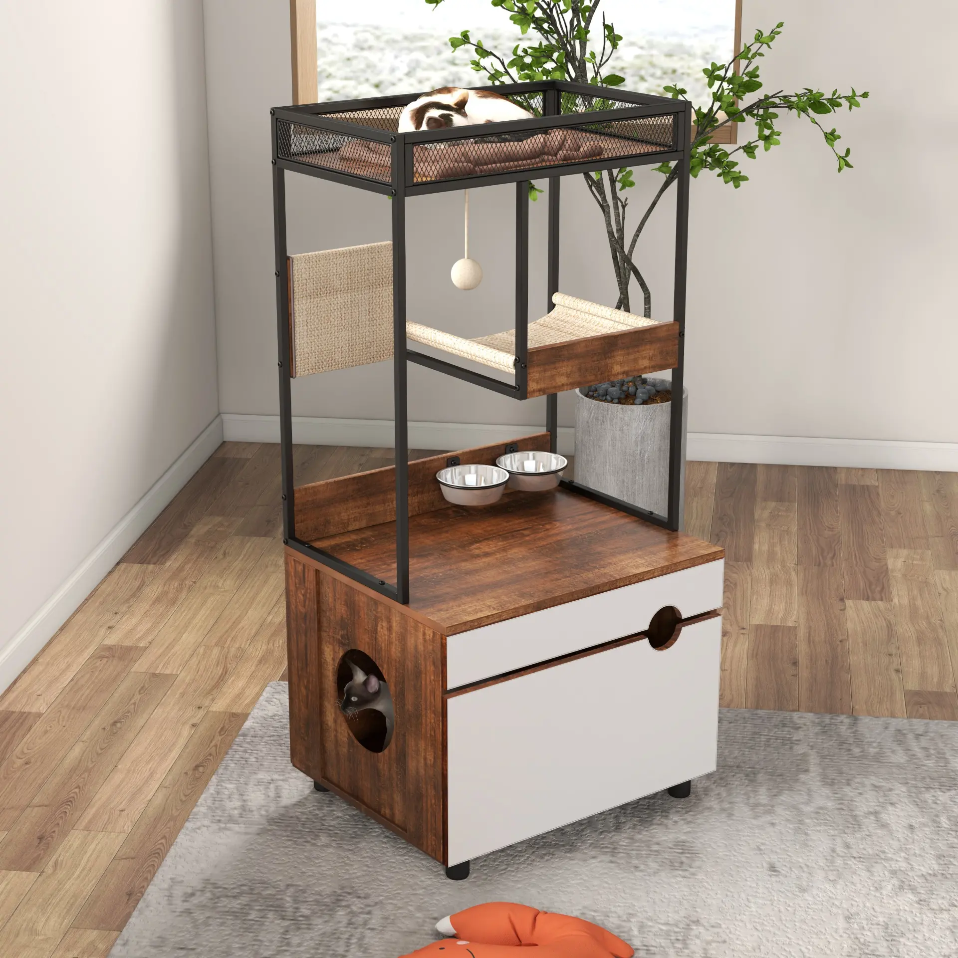 Litter Box Enclosure with Cat Tree Tower - Image 12